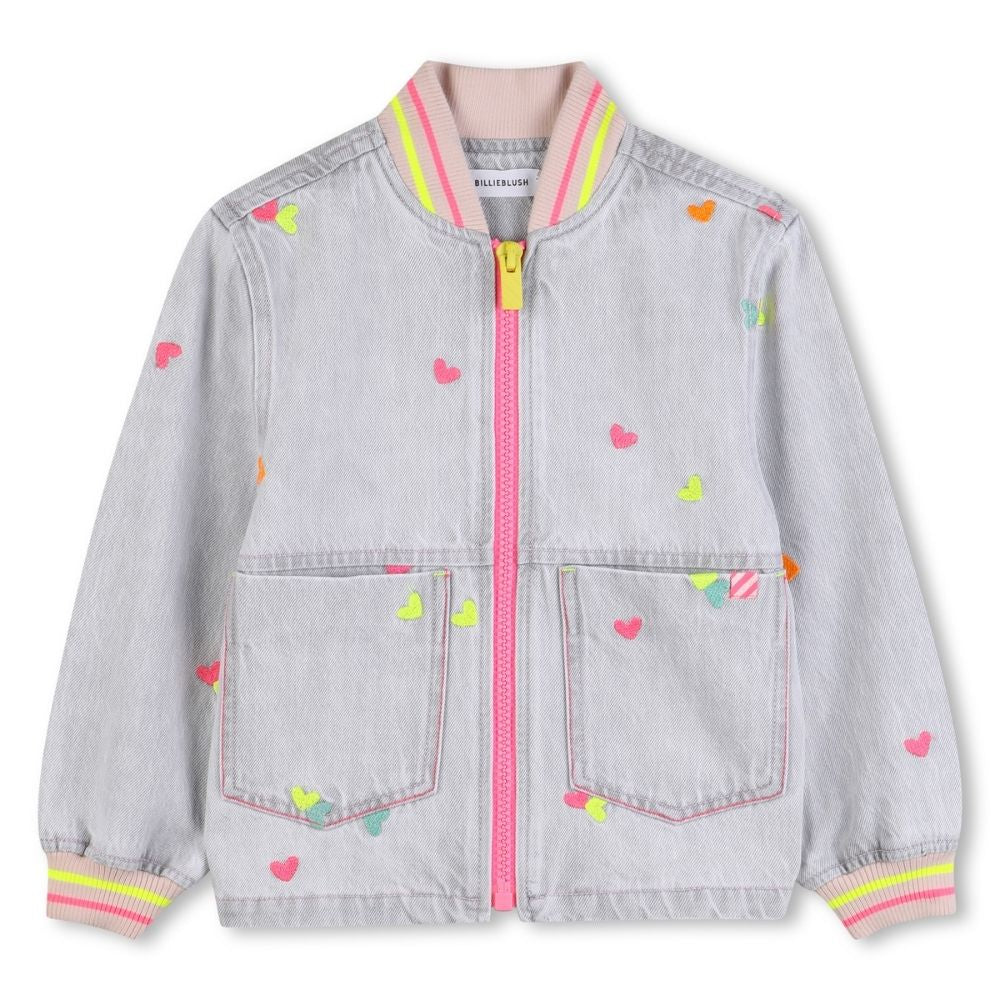 Billieblush Jacket Front Pockets Allover Hearts Denim Grey