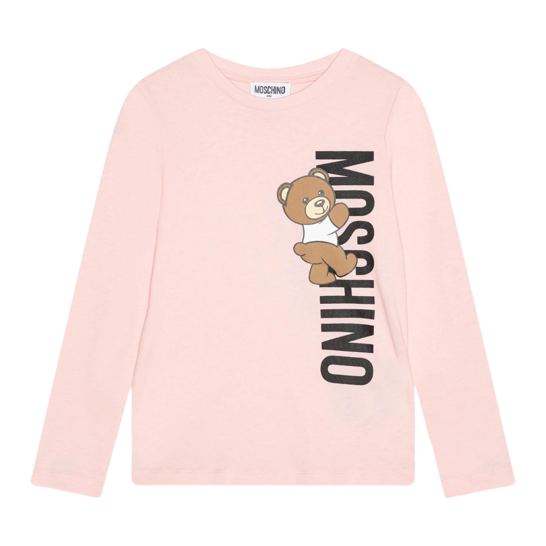 Moschino T-Shirt Long Sleeve Vertical Bear Logo Pale Pink