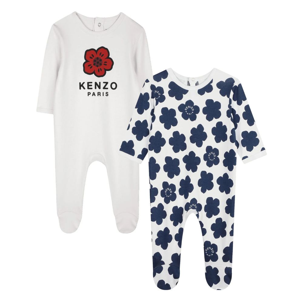 Kenzo Romper Set Of Flower All Over White Navy