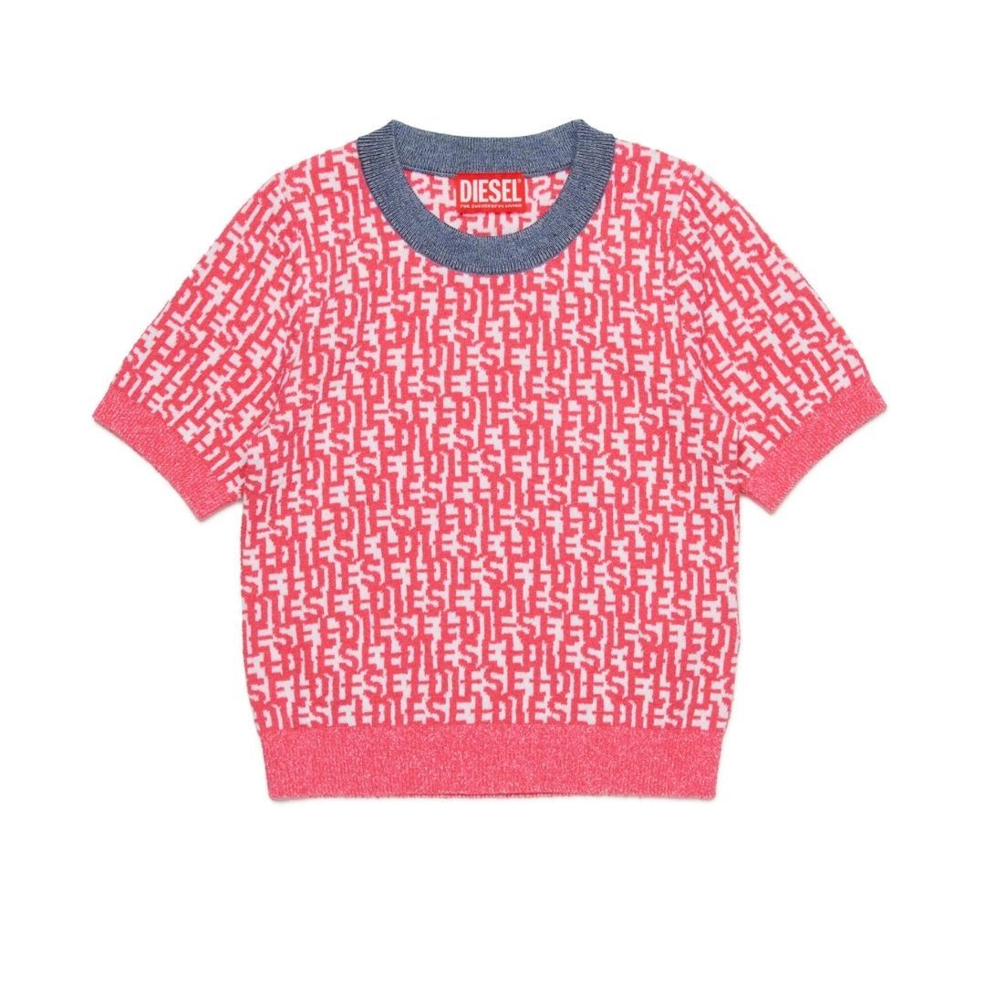 Diesel Sweater Short Sleeve Knit Allover Print Red