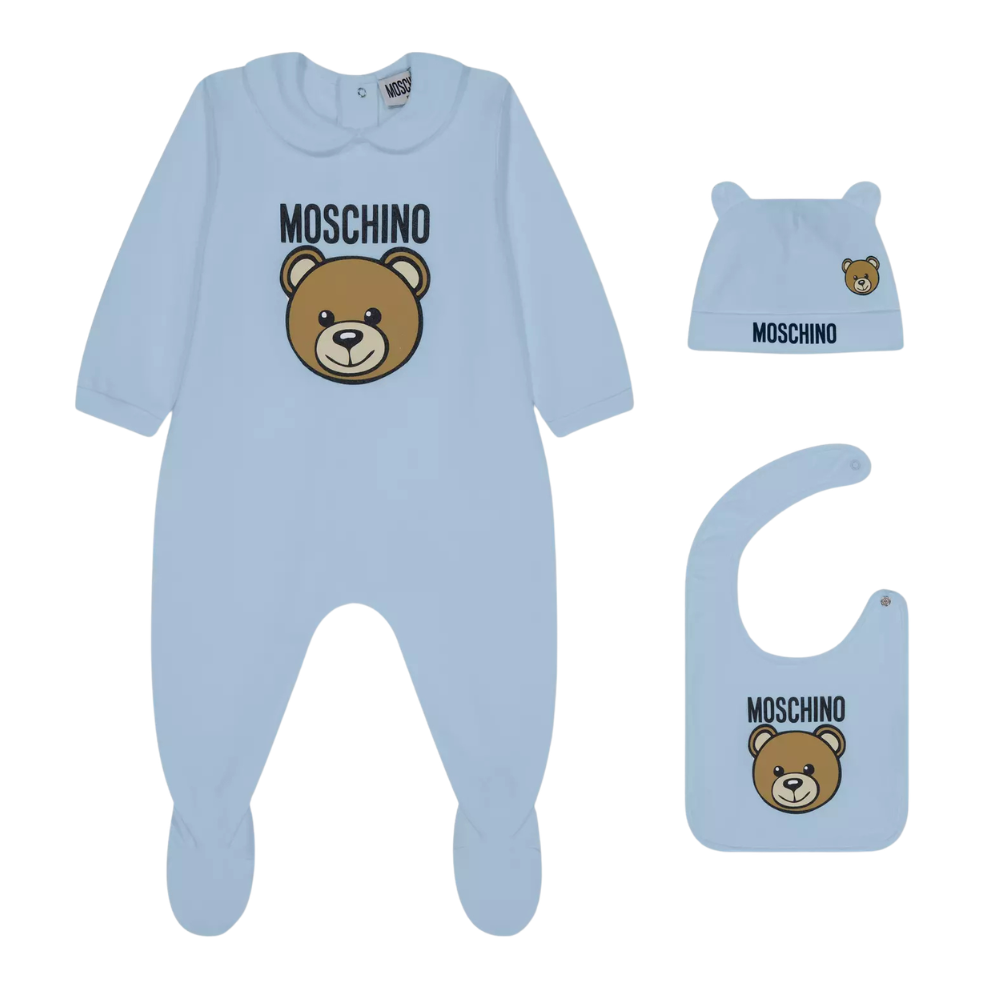 Moschino Set Romper+Bib+Hat Blue