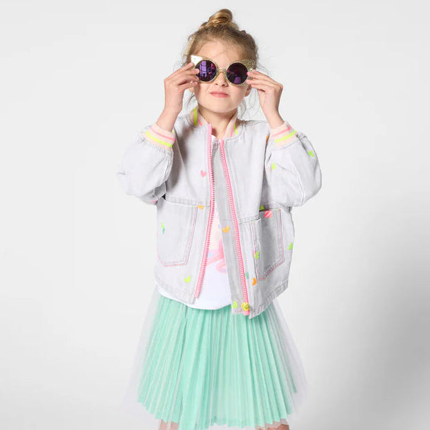 Billieblush Jacket Front Pockets Allover Hearts Denim Grey